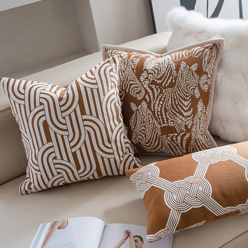 Orange Brown High-end Jacquard Cushion Case Modern Luxury Pillow Covers Decorative Chenier Textured Home Cushion Cover for Sofa