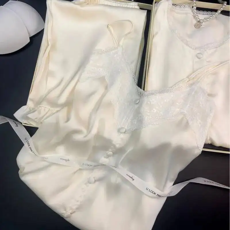 

Bride Wedding Pamas Suit Women's Satinnightgown Summer Sweet French Three-Piece Set Home Clothes Ice Silk Lace Loungewear