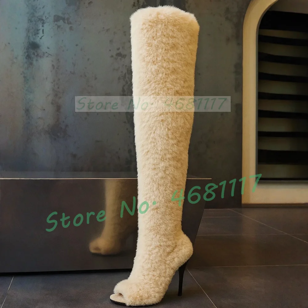 

Cream Dense Fur Upper Over Knee Boots Women Stylish Peep Toe High Heels Mocha Plush Boots Catwalk Party Plush Lining Warm Shoes