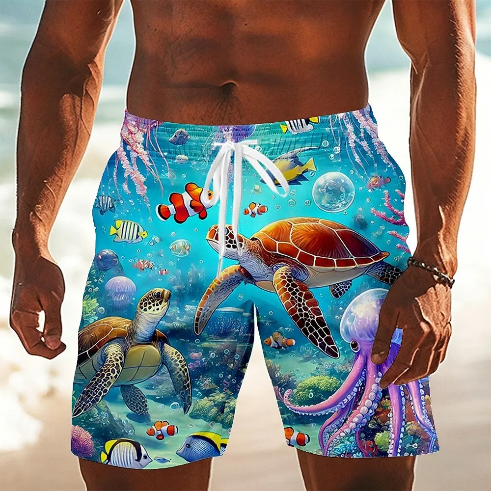 Men's Spring Summer 3D Printed Drawstring Shorts, Blue Sea Turtle Octopus Clownfish Underwater World Beach Bottoms