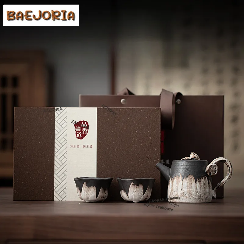 BAEJORIA Wabi Sabi Style Lotus Fortune Tea Set Complete Aesthetic 1 Pot 2 Cups Tea Ceremony Set Teapot And Tea Cup Set Teaware