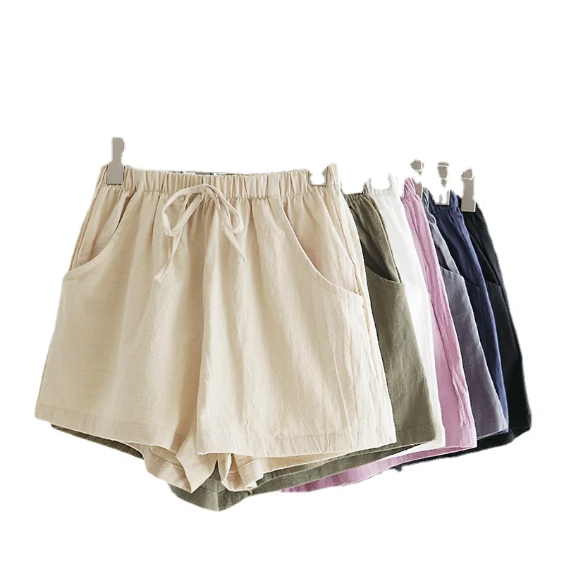 

High Waist Cotton Linen Shorts Women Summer Elastic Waist Loose Casual Linen Slim-Looking Korean Style Hot Pants plus Size Thin