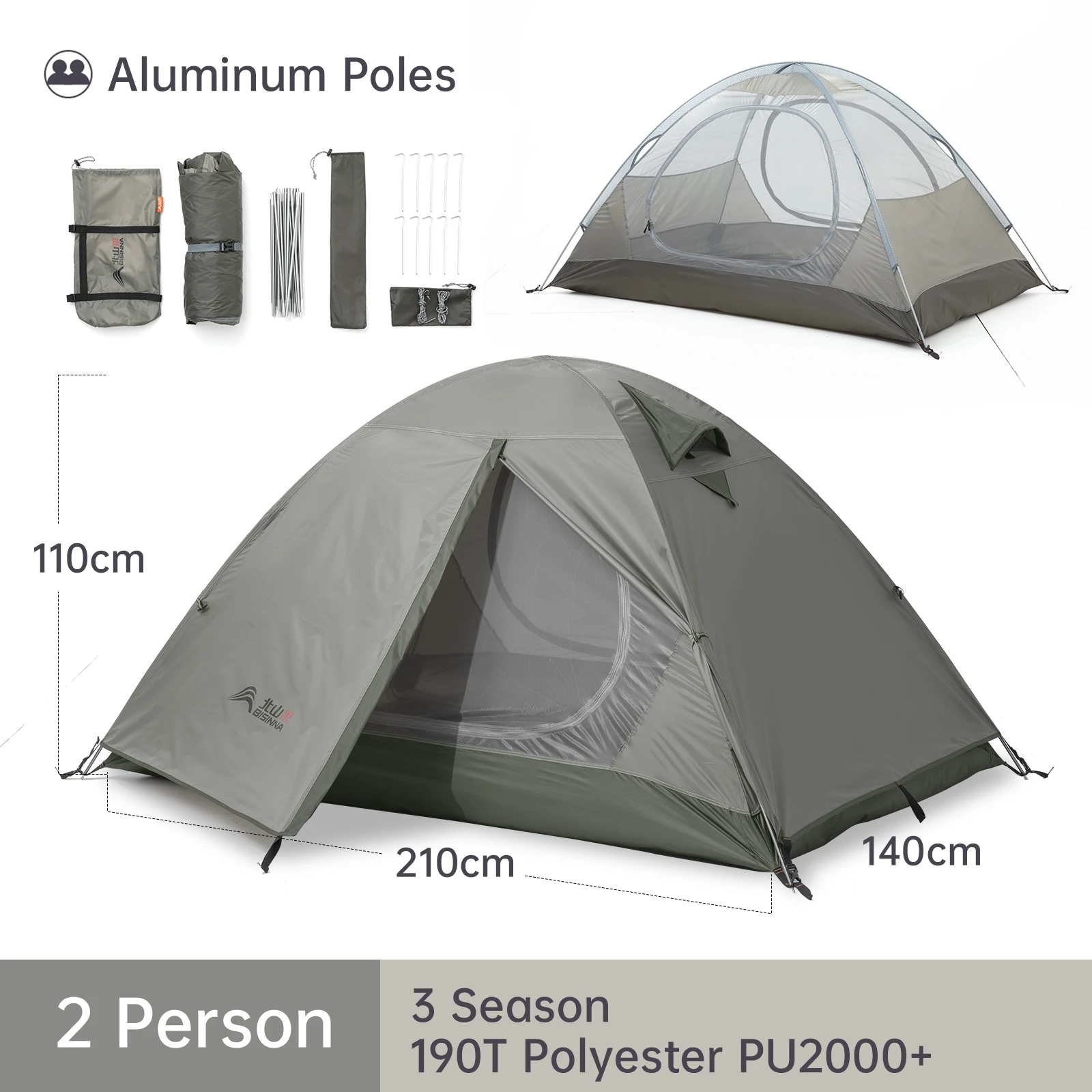 BISINNA Campingtent 2 personen dubbellaags waterdichte ultralichte backpacktent voor buiten wandelen, reizen, picknick fietsen