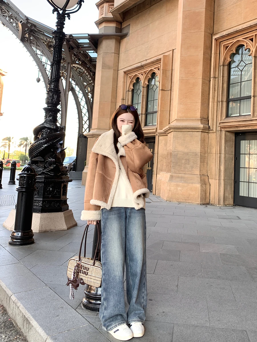 

Женские джинсы с широкими штанинами на флисовой подкладке, прямые, в стиле ретро, повседневные, с высокой талией, из хлопка, глубокого цвета, зимние, модные