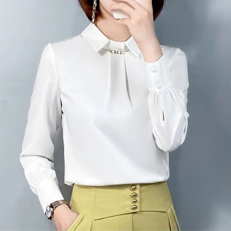 Yellow Beading Stain Shirt Spring Summer Fashion Blouse 2023 Long Sleeve Turn Down Collar Shirt for Female Korean Elegant Shirt