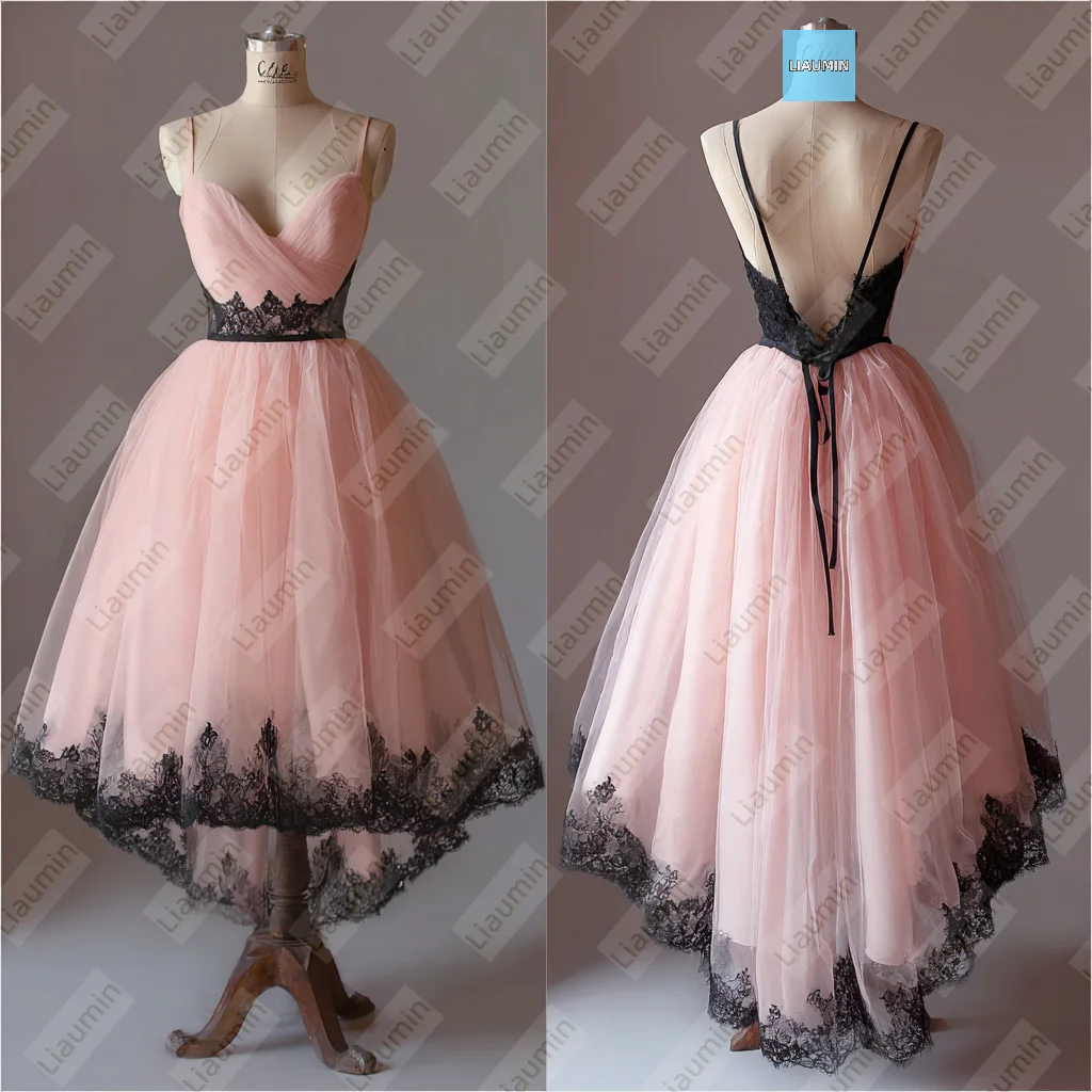 

Pink Tulle Spaghetti Straps Black Lace Applique Hi-Lo Evening Prom Wedding Formal Dress Lace-up Customized Hand Made A7-1.43