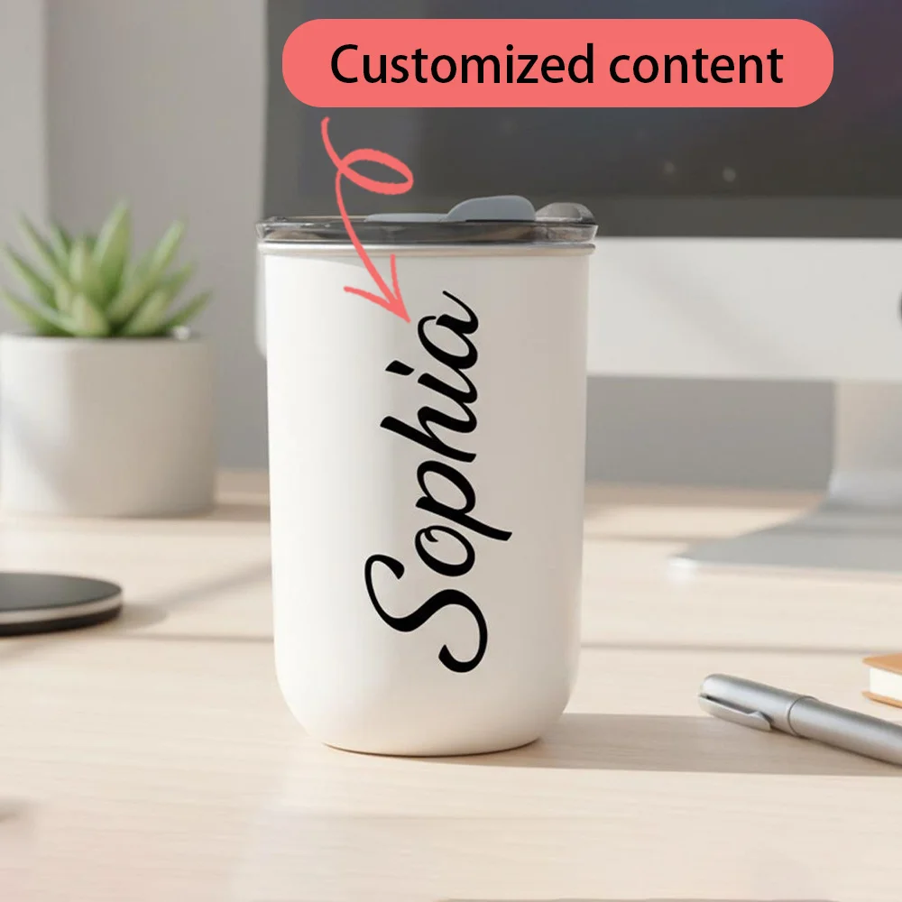 Personalized Script Name Coffee Mug, Custom Text Thermal Cup with Lid for Office Travel Birthday Gift