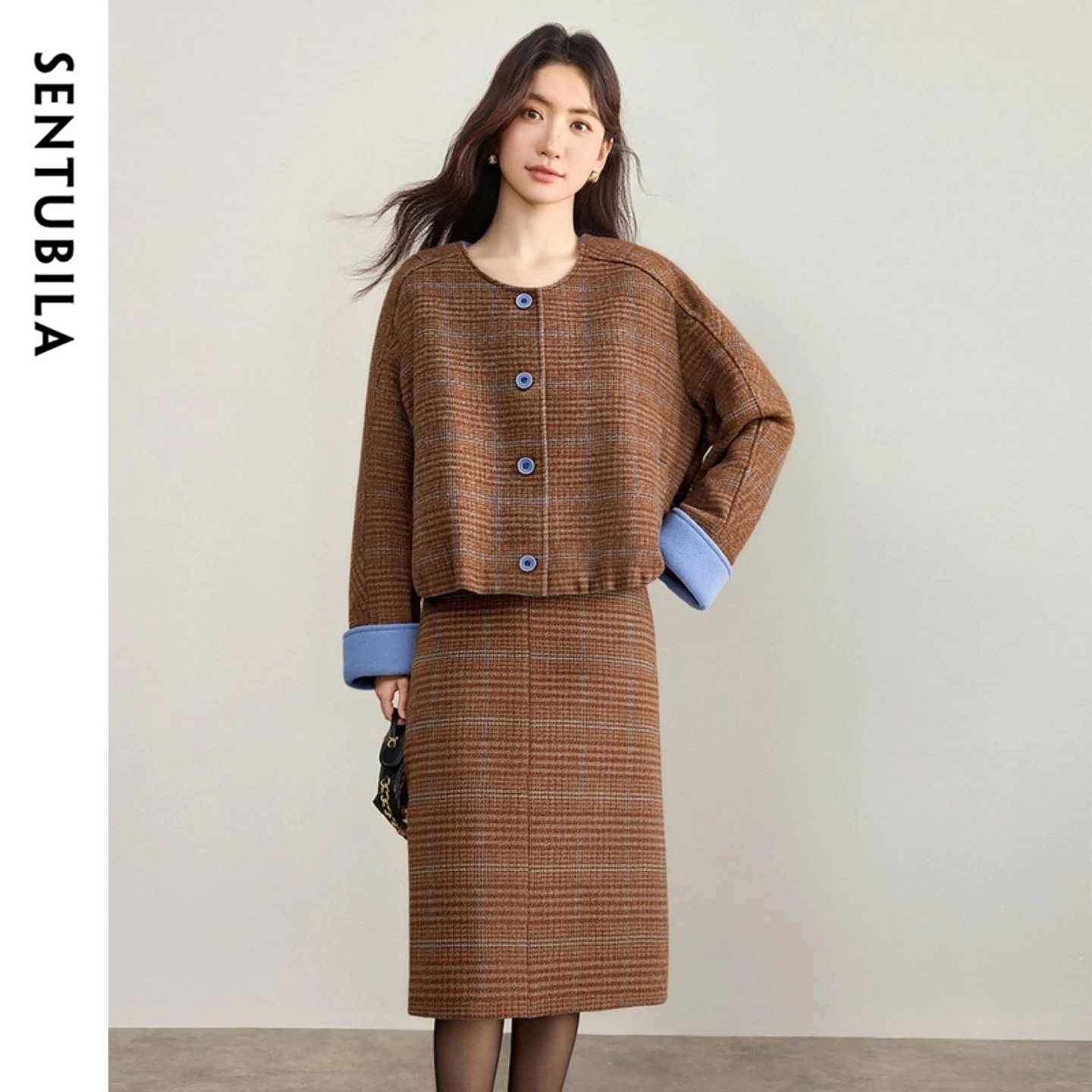 SENTUBILA Women's Elegant 2 Piece Skirt Set 2026 Contrasting Button Quilted Coat Straight Skirt Female Winter Suit Q54ZA5714