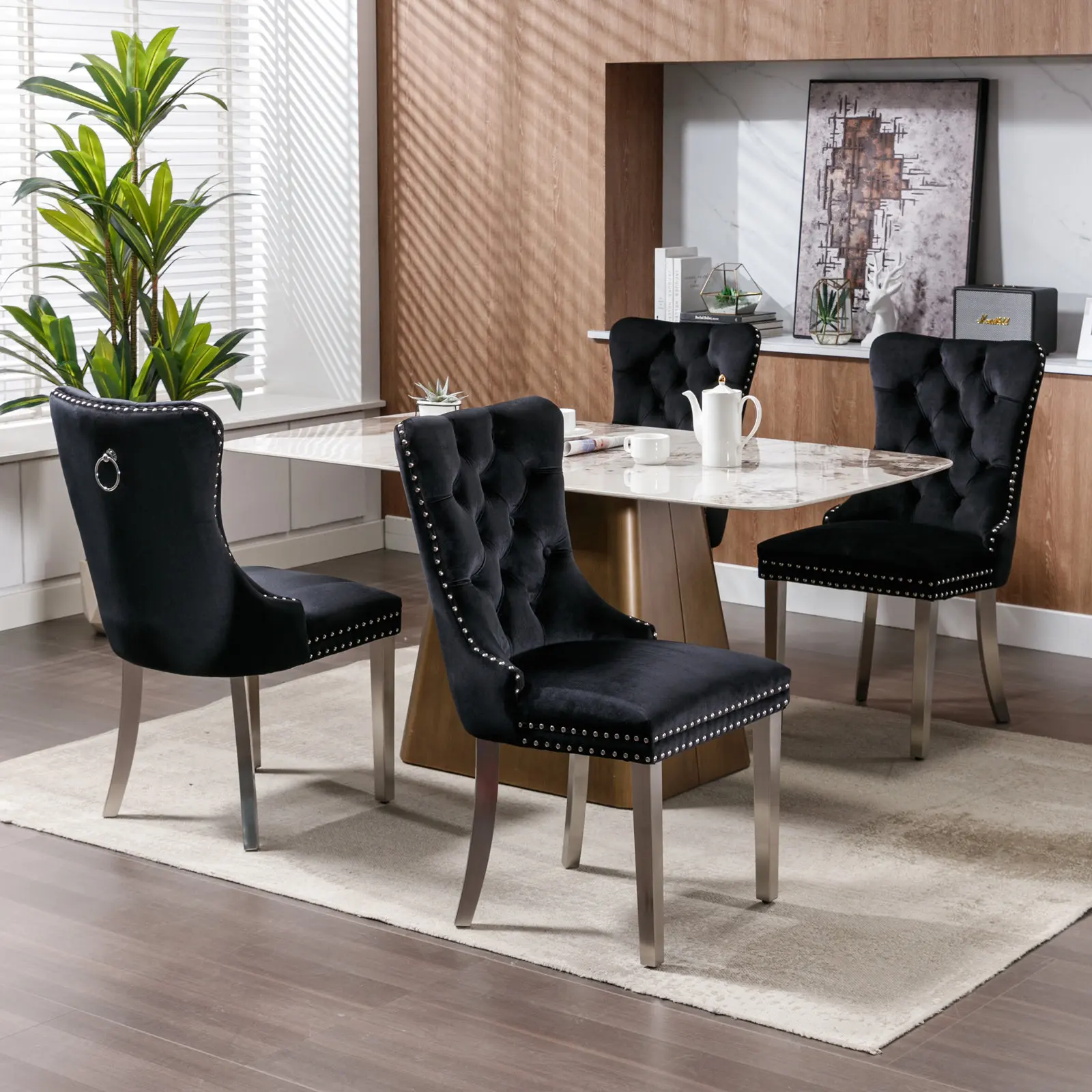 Solid Wood Contemporary Velvet Upholstered Dining Chair with Chrome Stainless Steel Plating Legs,Nailhead Trim,Set of 2