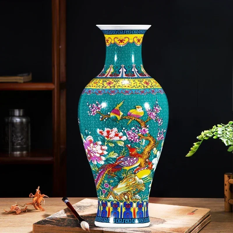 Chinese Style Ceramic Flower Vase, Floor Type Craft Ornaments, Enamel Painted, TV Cabinet Decor, High Temperature Firing, New