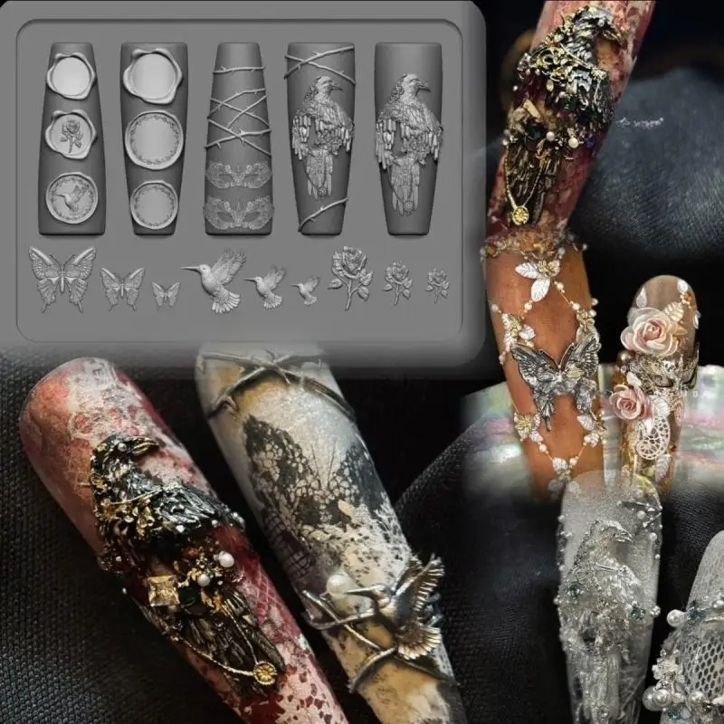 Molde de silicone para arte em unhas, retrô, corvo, rosa, borboleta, águia noturna, 3d, decoração de arte em unhas, design diy, molde transparente