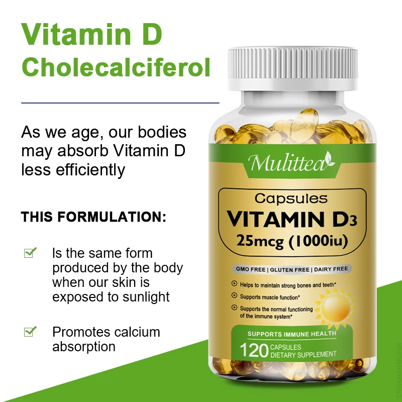 Mulittea Vitamin D3 Capsules for Immune Health Help Regulate Calcium Metabolism Promote Bone Teeth and Skin Health