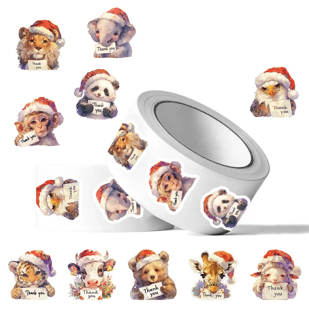 

500pcs Roll Stickers Christmas Animal Thank You Stickers DIY Phone Guitar Laptop Notebook Suitcase Waterproof DIY Gift Packaging