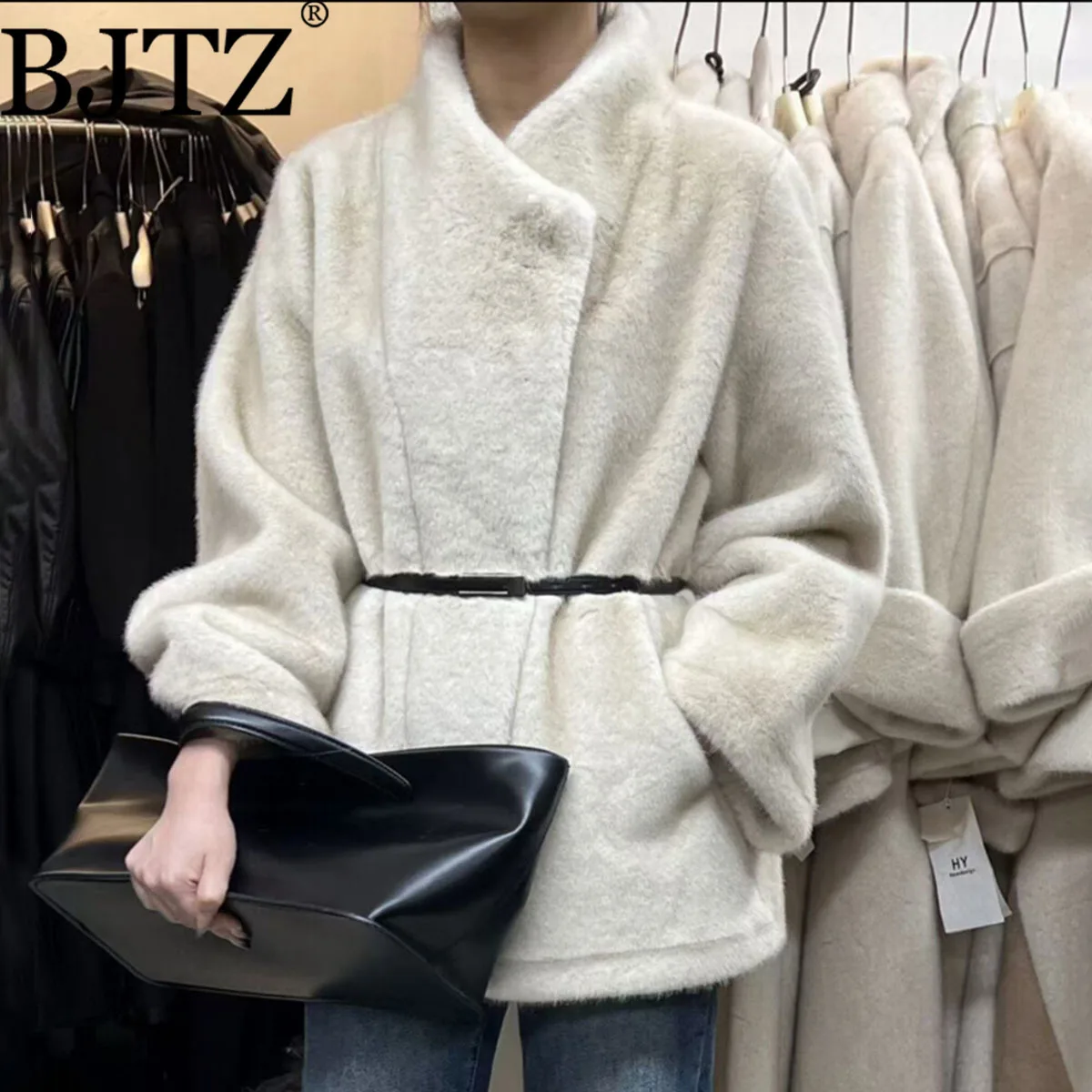 

BJTZ женское укороченное флисовое пальто во французском стиле с поясом, свободная куртка свободного покроя с воротником большого размера на осень-зиму