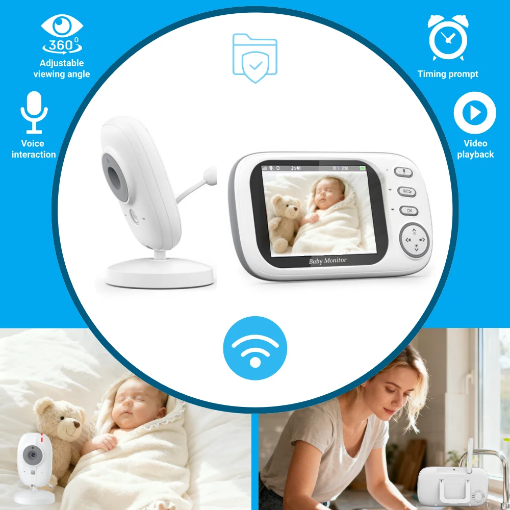 HD Baby Monitor 3.5 inch Wireless Video Night Vision Temperature Monitoring 2-Way Audio Talk with Playback Timing Reminder