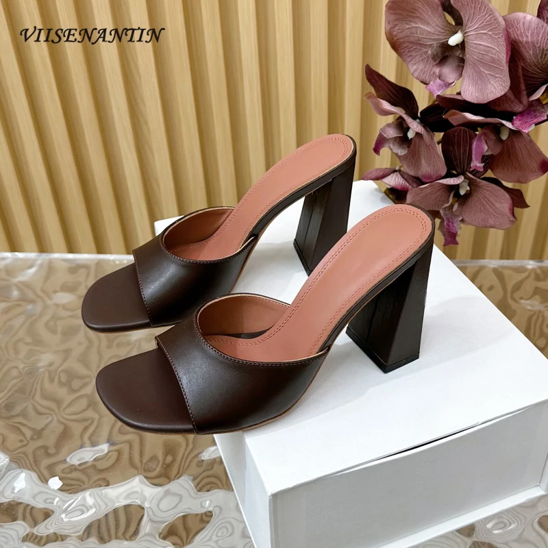 

Luxury Quality High Heel Slipper Women Genuine Leather Solid Summer Slides Peep Toe Chunky High Heel Sexy Lady Sandal Party Shoe