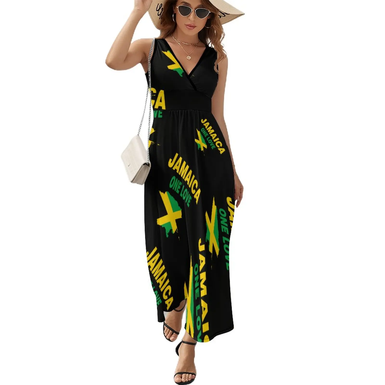 

Jamaica Flag Map One Love Dress Vintage Maxi Dress V Neck Design Boho Beach Long Dresses Street Style Oversized Clothes