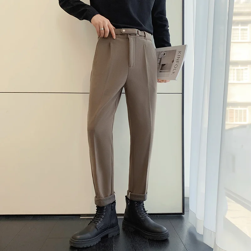 

Мужские шерстяные повседневные брюки, осень-зима, цвета хаки, неаполитан, облегающие прямые брюки, против морщин, молодежные модные брюки