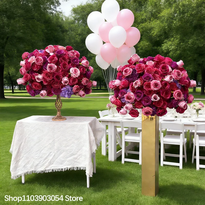 Knallrosa Künstlicher Blumenball-Kranz für Hochzeitskulissen, Lila Rosen-Dekoration für Veranstaltungen, Bühnen, Gangwege und Boden-Blumenrequisiten – Detail 9