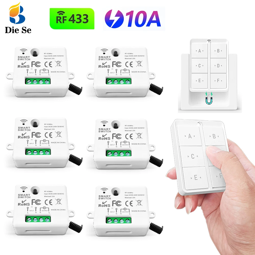 

433MHz AC 110V 220V 10A Relay Receiver 86 Wireless Light Switch Magnetic Wall Switch Push Button for LED Home Improvement