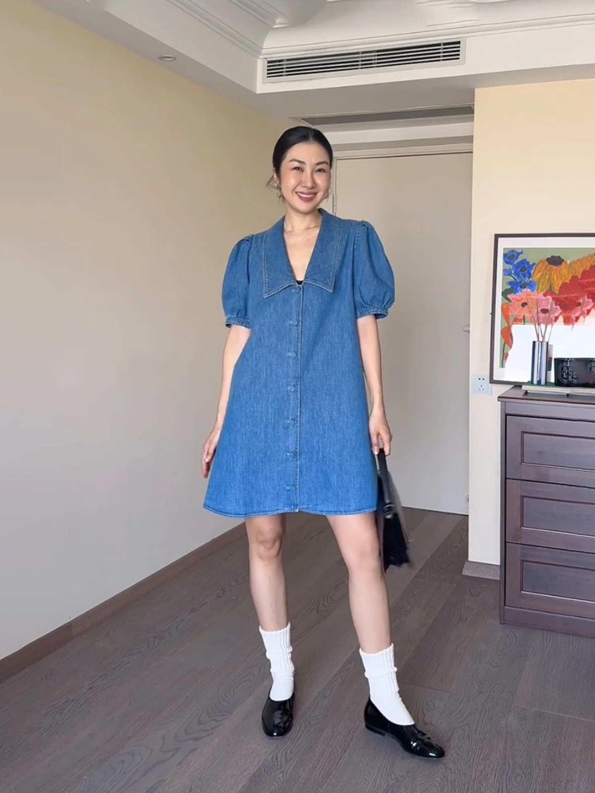 

Blue Denim irt Dr Vintage Sle Turn-down Collar Bubble Sve Ele Winter Dr for Women in Their Late Twenties