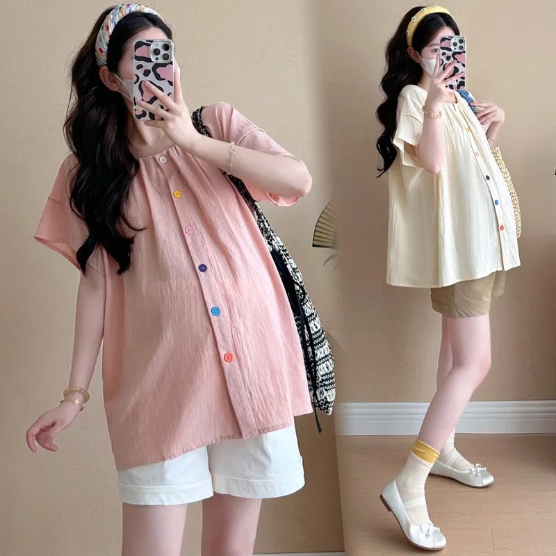 Atasan Kemeja Boneka Manis Lengan Gelembung Longgar Korea Musim Panas Hamil 2025, Celana Pendek Penyangga Pinggang Set Dua Potong