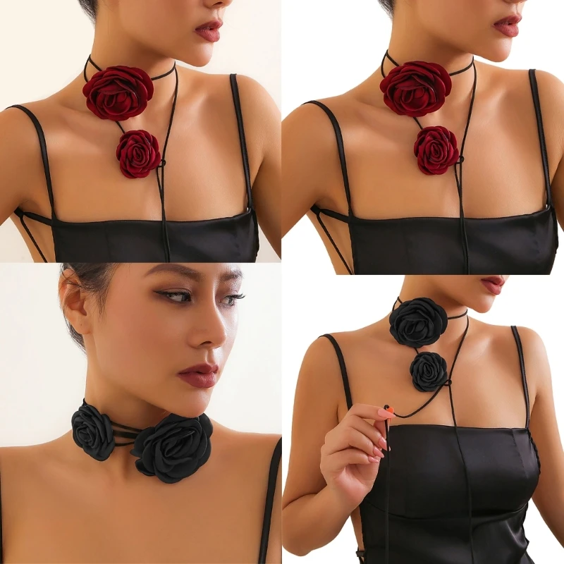 Vintage Elegante Rozenbloem Choker Kettingen Voor Vrouwen Verstelbare Touwketting Ketting Feest Bruiloft Sieraden Meisjes Geschenken