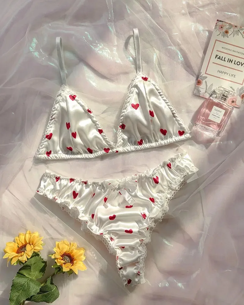 Women\'s Sexy Erotic Lingerie Suit Cute Bowknot Heart Printing Wire Free Satin Lingerie Underwear Bra &Thongs Female White Set