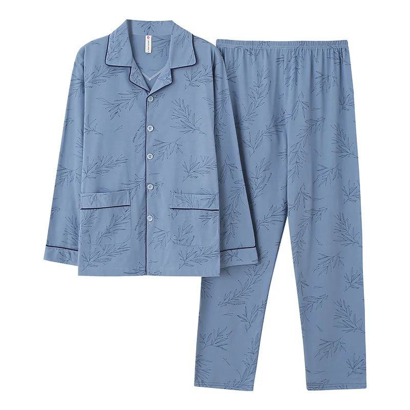 

Men's print pajamas long sleeve cotton spring and autumn cardigan pajamas men's elegant big yards 4XL household suit men's youth
