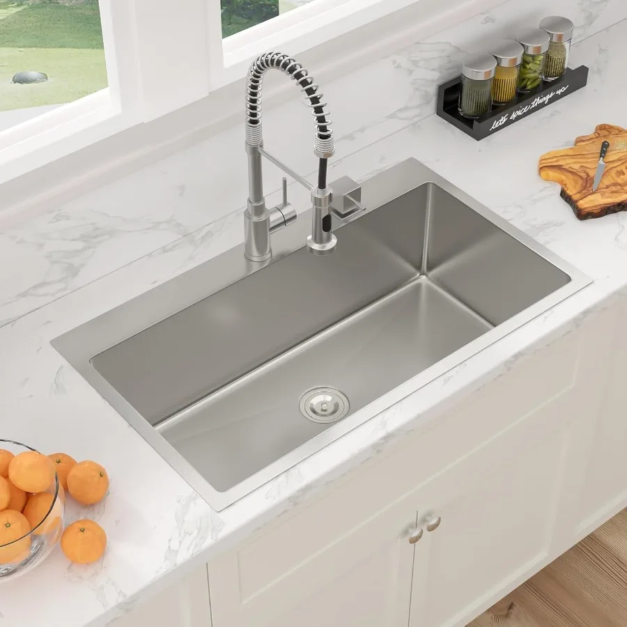 33 Inch Drop In Kitchen Sink - 33x19 Inch Stainless Steel Kitchen Sink Drop In Topmount Sink 16 Gauge Single Bowl Deep T