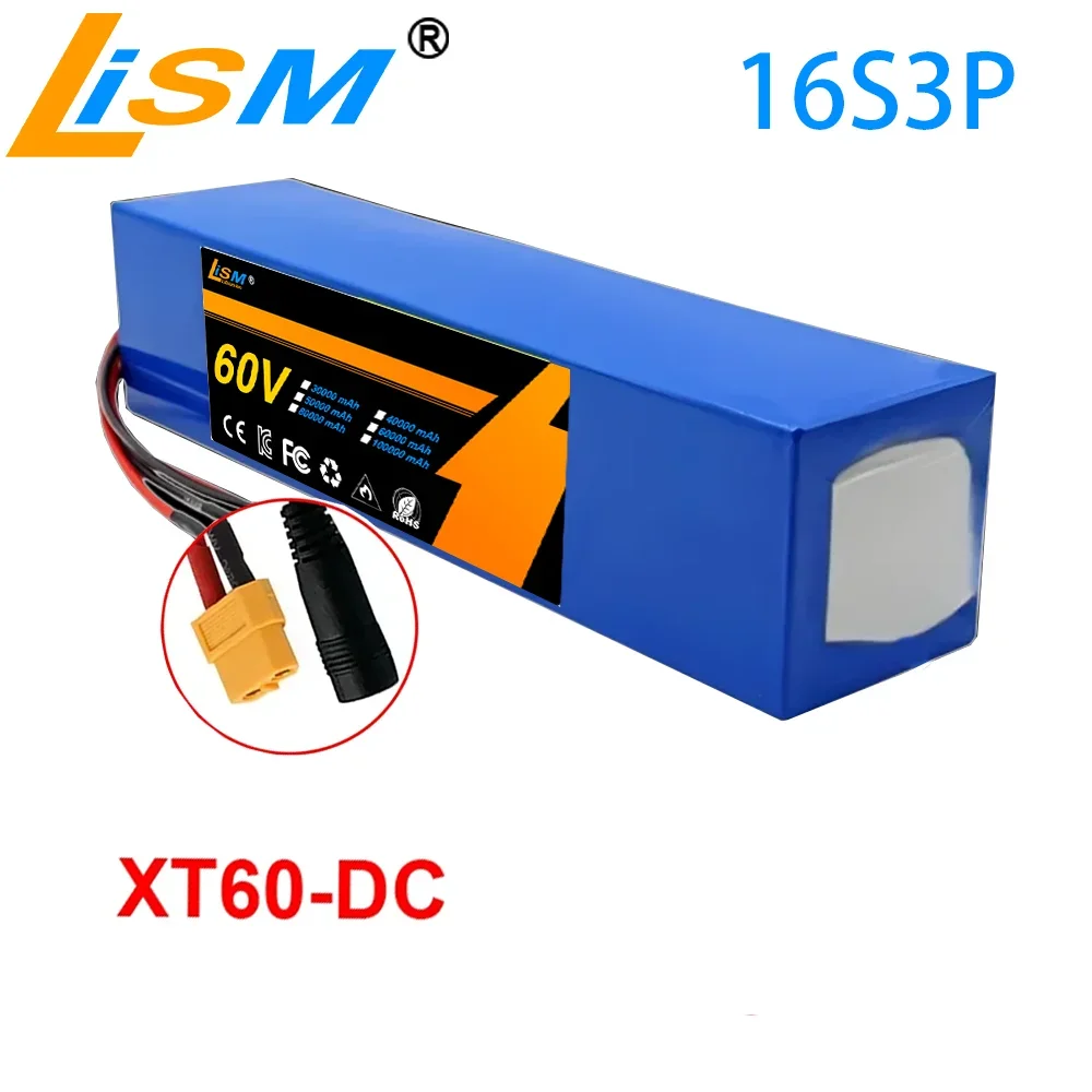 New 60V 100Ah 1000 lithium battery with 16S3P electric bicycle, scooter, motorcycle, tricycle, and high-power+67.2V 2A charger