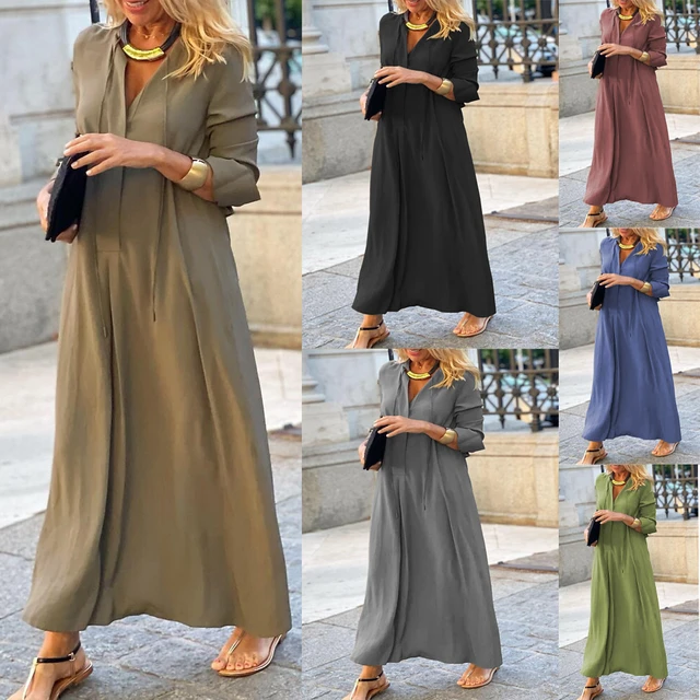 Dress Solid Color V neck Long Sleeve Simple Casual Skirt Dress Summer Dresses Turn down Collar Maxi Dresses for Women AliExpress