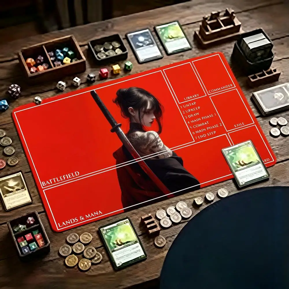Red Background Tattoo Samurai Girl TCG Playmat 35X60CM Trading Mat Non-Slip Durable Stitched Edge Three Templates Available