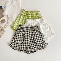 1-6Years Old Girls Ruffles Shorts Summer Kids Baby Plaid Shorts Pockets Design Casual Elastic Waist Hot Pants Children Clothes