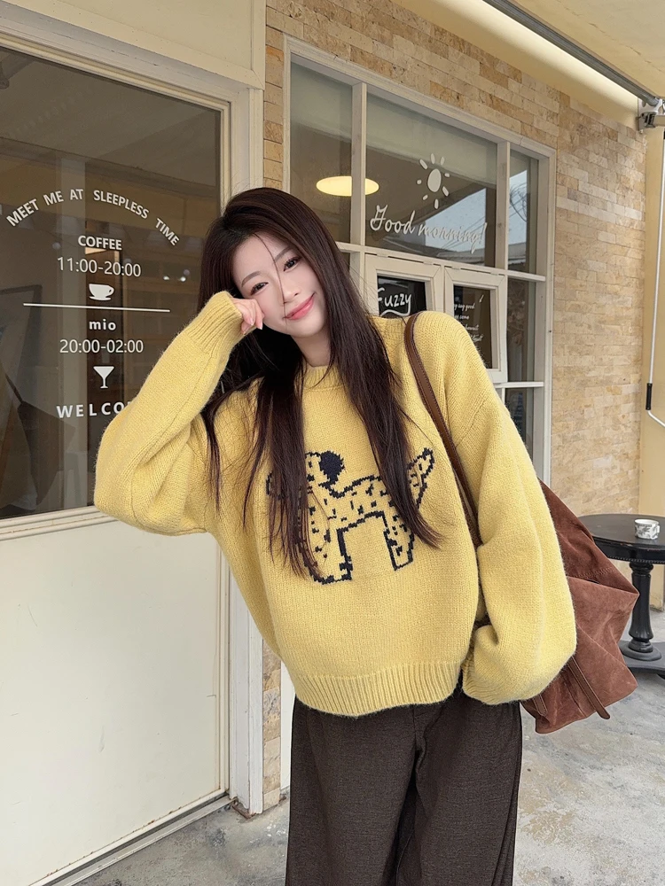 

Ladies Long Sve Loose Knitted Sweater Soft Plu Dog Pattern Spring New Sle Comfortable Warm V Ne Casual Faion Top