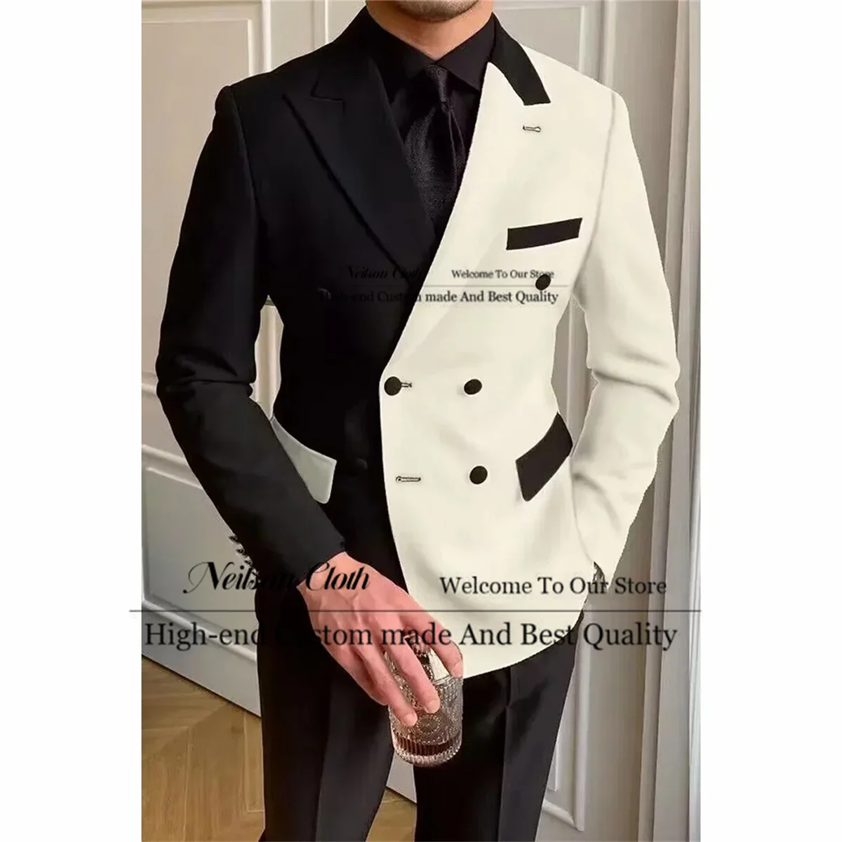 

Black Splice White Male Prom Blazers 2 Pieces Sets Groom Wedding Tuxedos Peaked Lapel Men Suits Double Breasted Terno Masculino