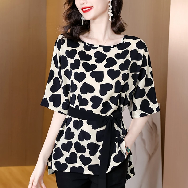 Summer Loose Silk Long Shirts Women Blouses Casual Bandage Short Sleeve Tops Striped Plaid Leopard Print Female Blouse