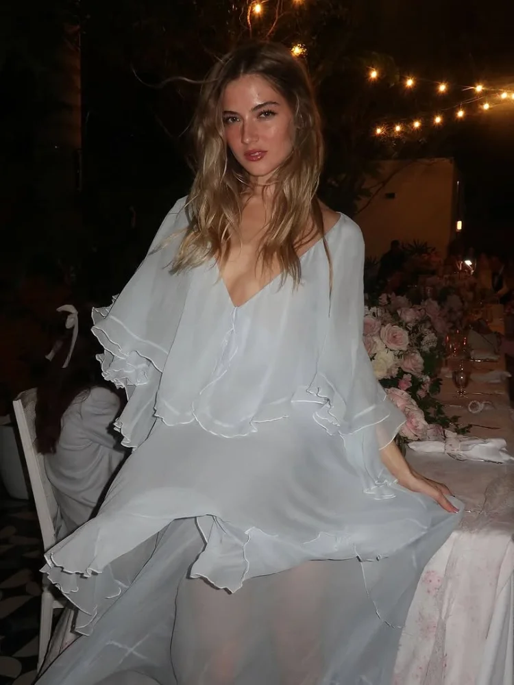 

Fashion Blue Chiffon Lotu Leaf Edge Long Dress Elegant Layered Ruffle Deep V Full Sleeve Vestido 2025 New Summer Lady Party Robe