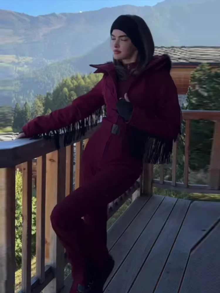 Damen 2025, trendige Ski-Overalls mit Kapuze und Quasten, wasserdicht, warm, Wintersport-Oberbekleidung, modische, elegante Damen-Schneeausrüstung – Detail 22