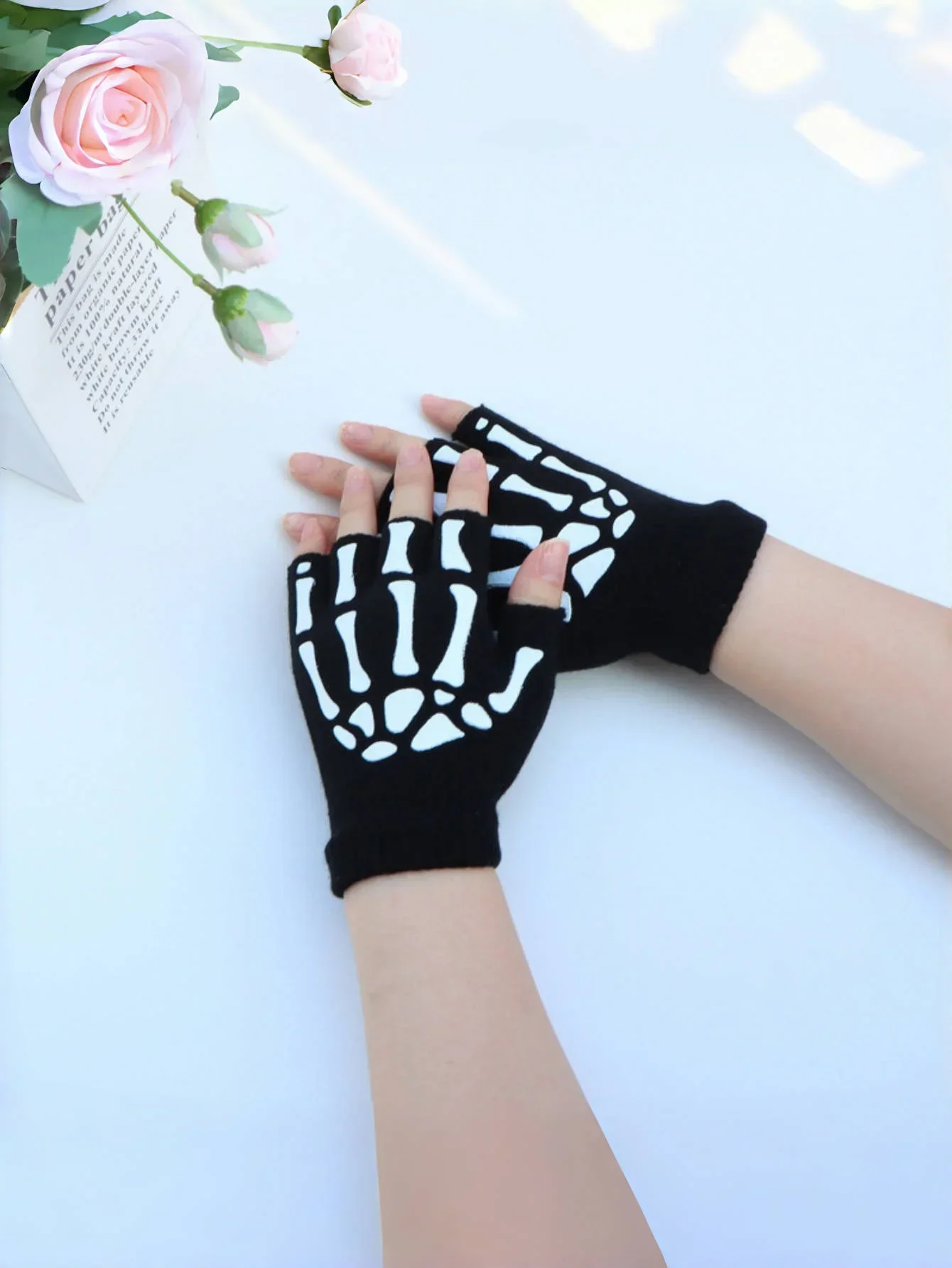 New Adult kids Halloween Skull Half-finger Punk Gloves Winter Skull Fingerless black gloves