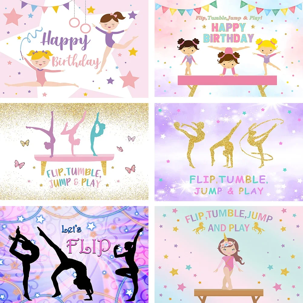 

Happy Birthday Photography Backdrop Gymnast Girls Tumbling Flip Jump Tumble and Play Decor Backdrop Photo Studio Background