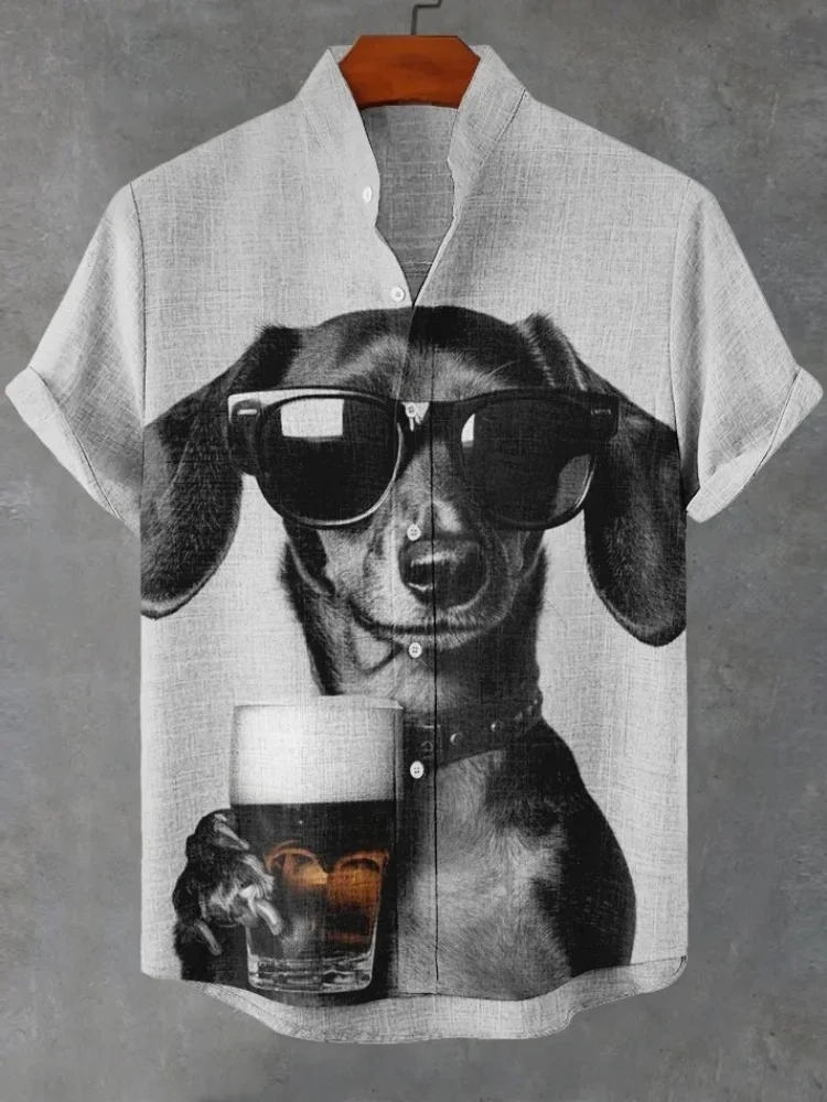 Men's Dachshund In Sunglasses Drinks Beer On Vacation Art Print Casual Shirt Holiday Daily Japanese Short Sleeve Summer Tunics