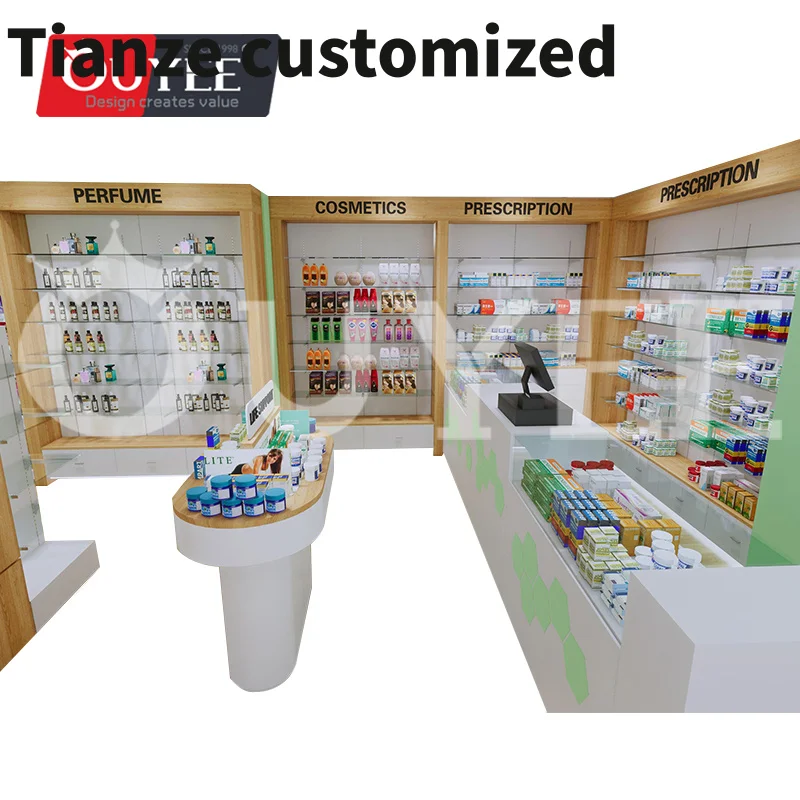 Customized-modern pharmacy design decoration display stand wooden drawer furniture equipment wall mounted medical store display