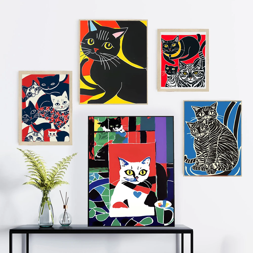 

Abstract Cat Family Linocut Black Cats Print Wall Art Pet Decor Minimalist Retro Cat Canvas Painting Modern Room Decor Poster