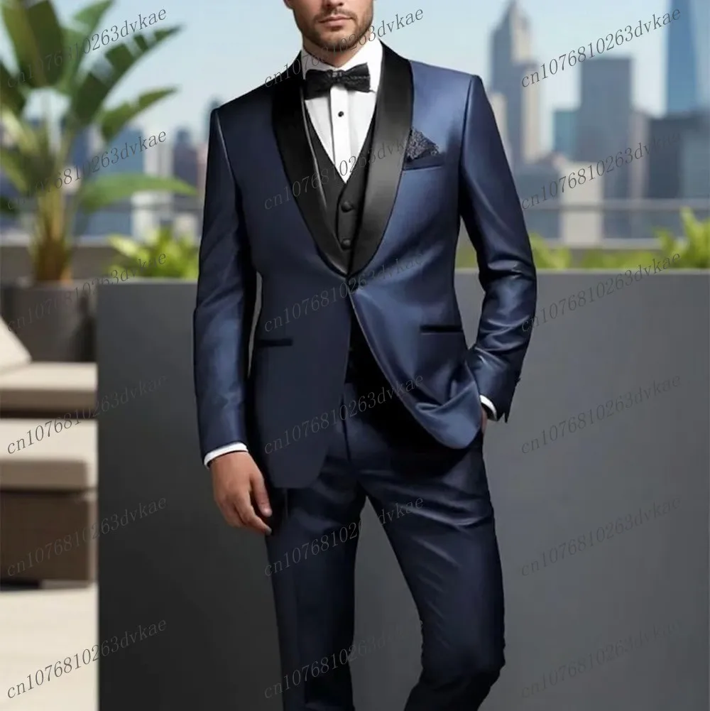 

Navy Blue And Black Acetate Satin Men Suit Wedding Party Formal Groom Prom Business Male Tuxedos 3 Piece Set Jacket Vest Pants