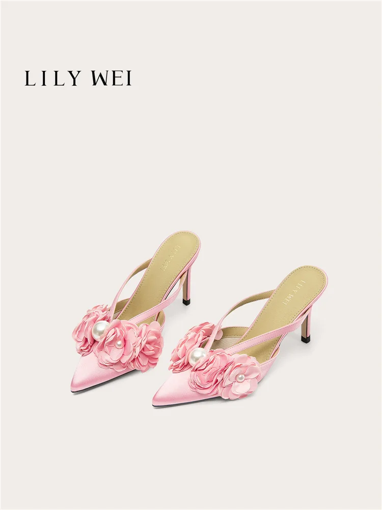 Summer pointed toe silk flower pearl flat bottom fashion slippers dress large size small size widened high heels women's sandals