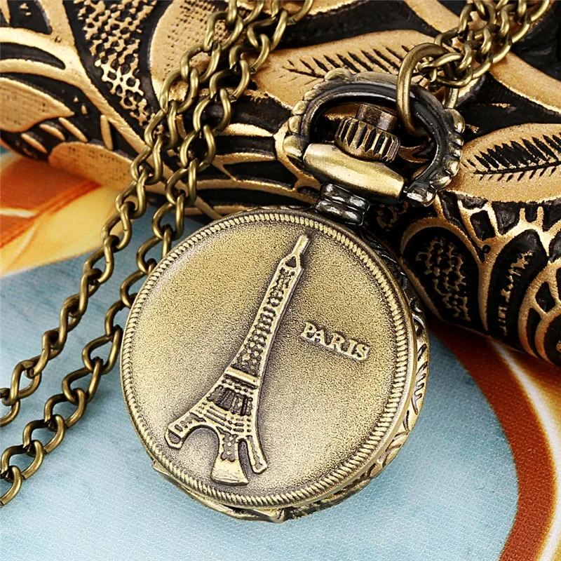 Vintage Mini Clock Paris Tower Full Hunter Cover Antique Quartz Analog Pocket Watch for Men Women Necklace Chain Collectable