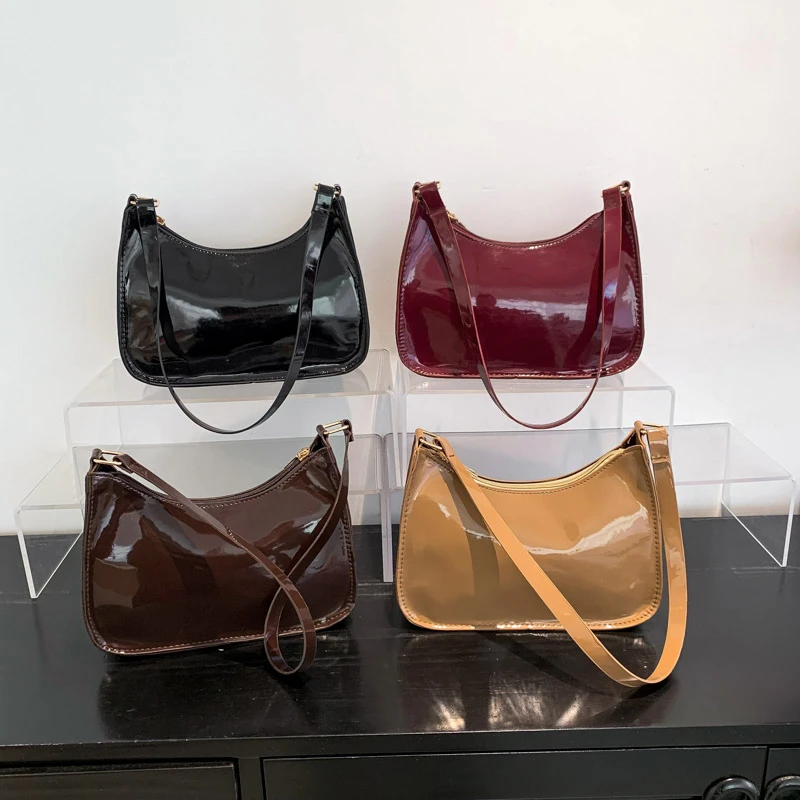 Glossy PU Half Moon Shoulder Bags Solid Simple Versatile Sense of Luxury Armpit Bags for Women 2024 Fashion Classic on Sale