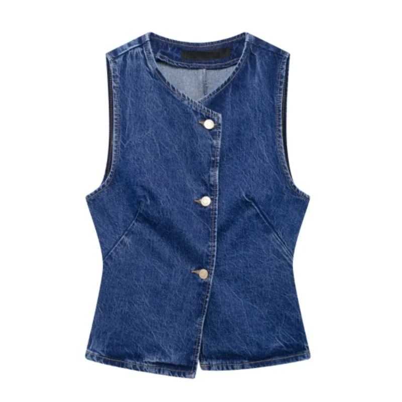 Tangada Women 2024 Blue Denim Waistcoat Vintage V Neck Sleeveless Female Outerwear 3H0833