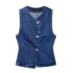 Tangada Women 2024 Blue Denim Waistcoat Vintage V Neck Sleeveless Female Outerwear 3H0833